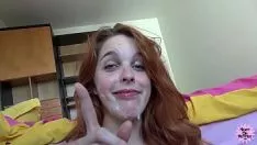 Play pov with redhead sucking cock and is penetrated hard in her finished pussy